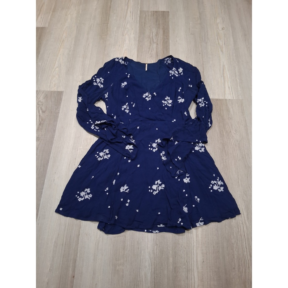 Free People Navy Blue Floral Embroidered Long Sleeve Mini Dress Size 12